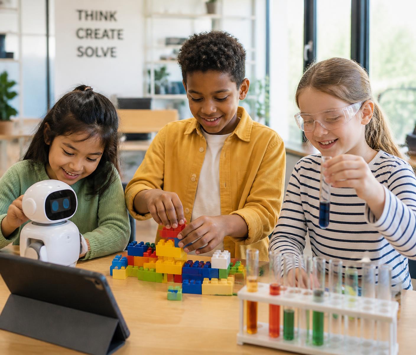 Three children building with blocks, using a tablet and testing colored liquids in test tubes at a learning-center table.