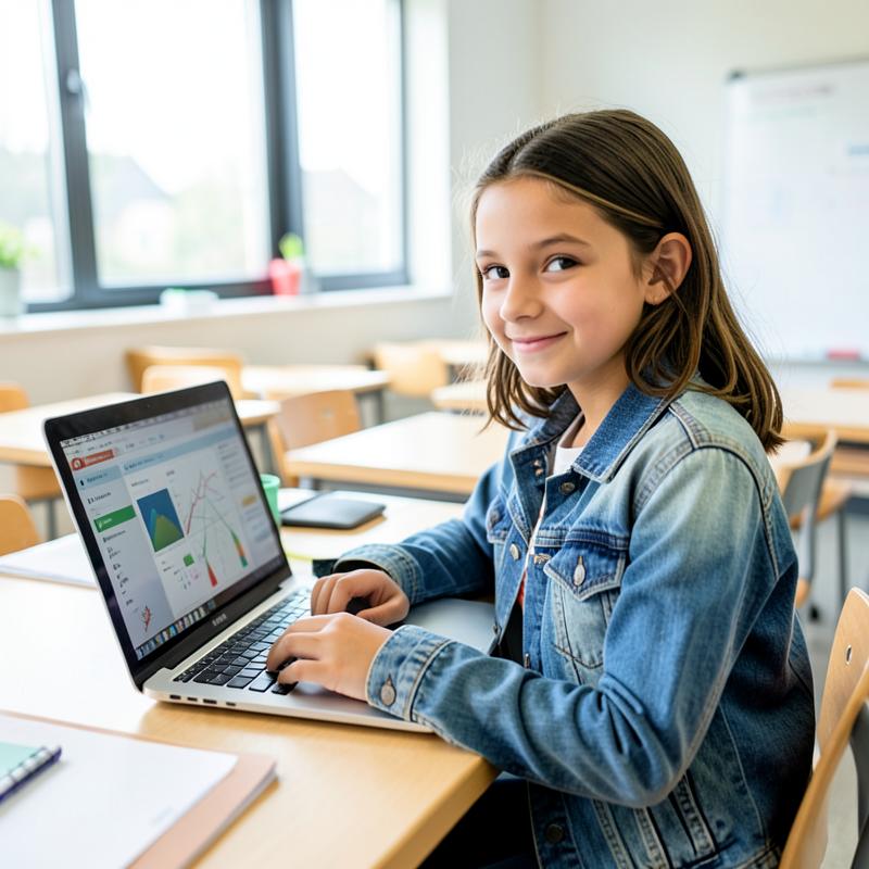 A girl in a denim jacket working on a laptop showing a science chart in a bright classroom.