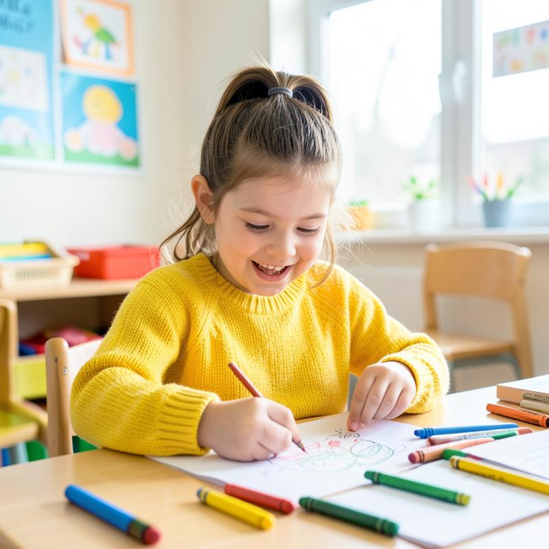 A preschool girl in a yellow sweater smiling while drawing with crayons at a classroom table.